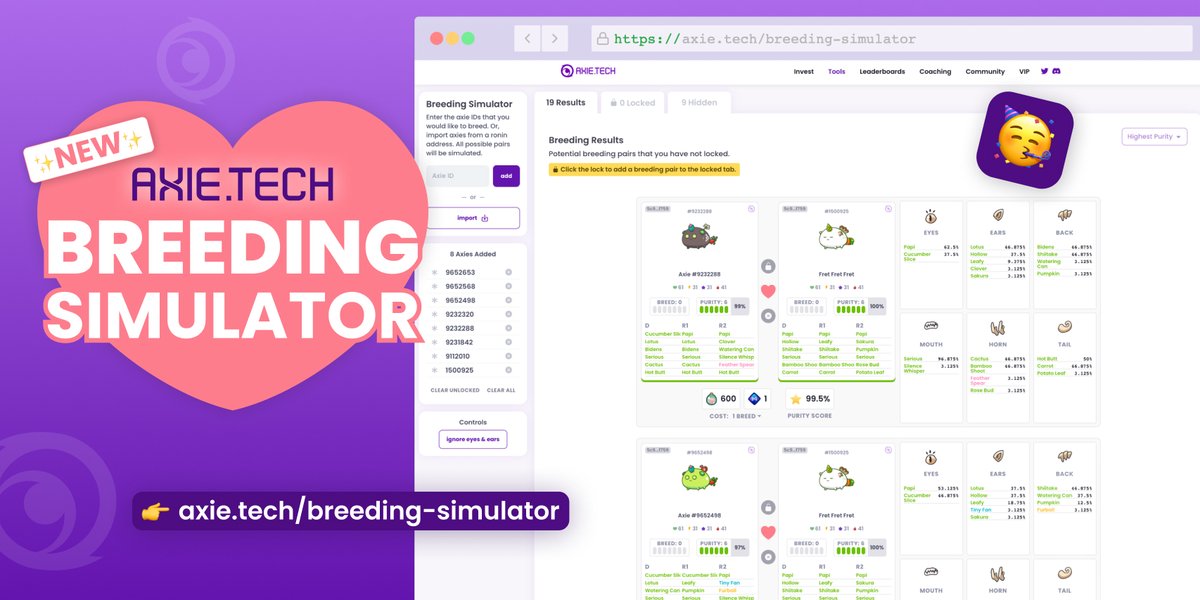 amypeniston's tweet photo. It's WooHoo time!! Version 2 of the https://t.co/aVlQHzLPnZ Breeding Simulator is now live! ✨

We've completely redesigned the layout &amp; controls with avid Axie breeders in mind. 💜

ENJOY!

Give it a whirl 👉 https://t.co/qmEi1VE2tw

#AxieInfinity @AxieInfinity https://t.co/b1VkQ5xzzs