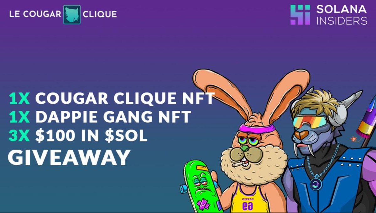 We've partnered with <a href="/DappieGangNFT/">Dappie Gang ⚡️</a> and <a href="/SolanaInsiders/">Solana Insiders 🔬</a> to giveaway

1x Cougar NFT 🐱
1x Dappie Gang NFT 🐰
3x 100$ in $SOL ☀️

To participate: 

Like+RT and click here: 

solanainsiders.io/dappio-gang-co…