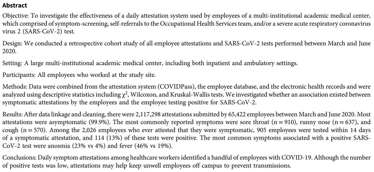 <a href="/MassGenBrigham/">Mass General Brigham</a>'s COVID Pass system w/daily symptom screening helps identify hospital workers who should be tested to protect patients and coworkers 
doi.org/10.1017/ice.20… 
Great work by <a href="/EllenKimMD/">Ellen</a> <a href="/markzhangdo/">Mark Zhang DO MMSc FAMIA</a> <a href="/landmaad/">Adam Landman</a> <a href="/salmasian/">Hojjat Salmasian</a> et al! #patientsafety #COVID19