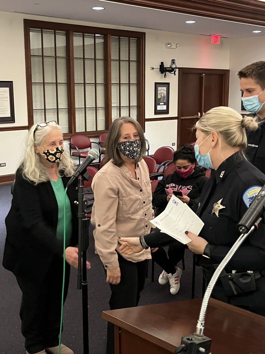 AddisonVillage's tweet image. At the Dec. 6 Village Board meeting Addison Police honored Don &amp;amp; Michelle Brown of Overton Chicago Gear, and SCARCE staff Kay McKeen and Beverly Jaszczurowski for their donations in support of the “Shop With a Hero” event. Thank you from the Village of Addison! #addisonadvantage