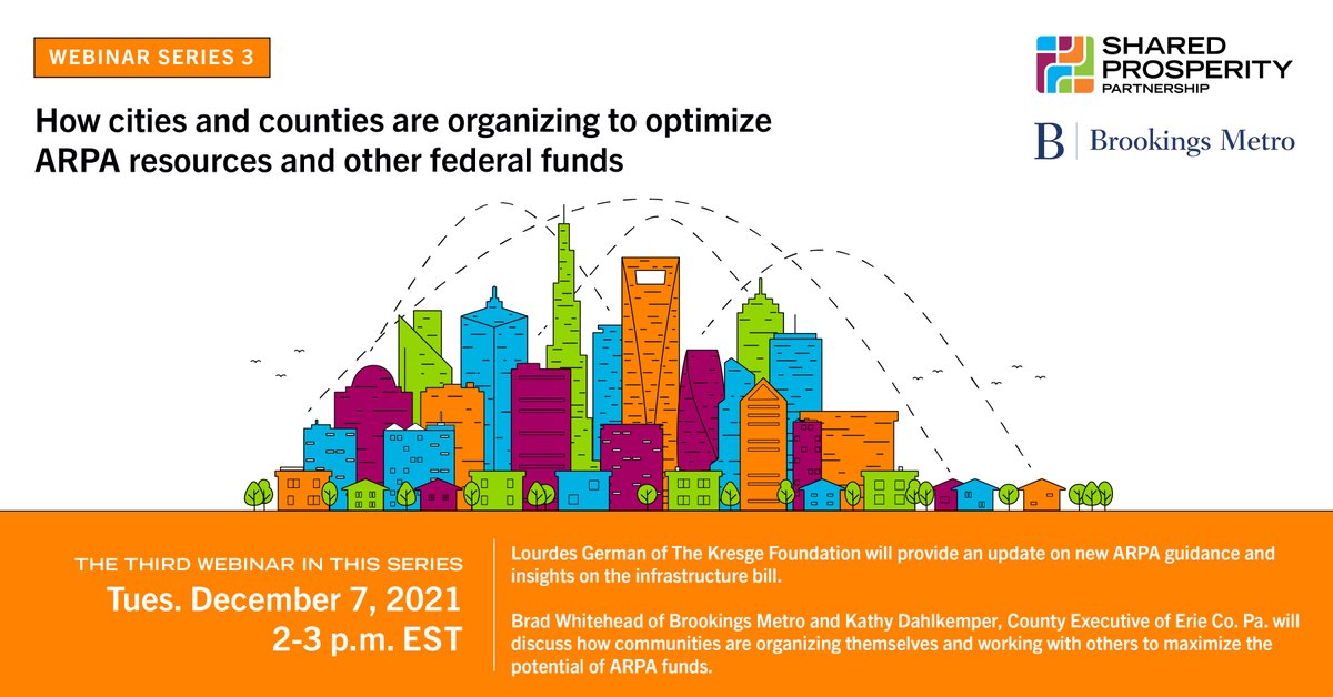 A graphic with an illustration of a city skyline and the text: 
Shared Prosperity Partnership | Brookings Metro 
Webinar Series 3: How cities and counties are organizing to optimize ARPA resources and other federal funds
The third webinar in this series: Tues., December 7, 2021 2-3 p.m. EST 
Lourdes German of The Kresge Foundation will provide an update on new ARPA guidance and insights on the infrastructure bill.  
Brad Whitehead of Brookings Metro and Kathy Dahlkemper, County Executive of Erie Co. Pa., will discuss how communities are organizing themselves and working with others to maximize the potential of ARPA funds.
