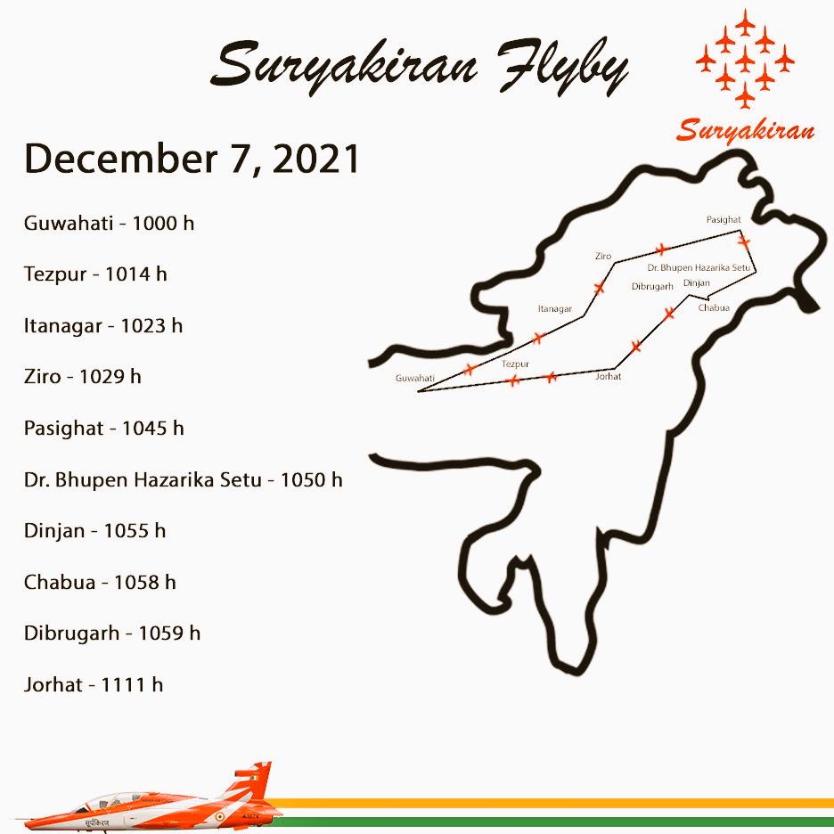 ProAssam's tweet photo. #HarKaamDeshKeNaam
#Suryakirans are in #NorthEastIndia for #flypasts celebrating #SwarnimVijayVarsh & #GoldenJubilee of #1971War. The route is given below.
#Photograph and tag them flying over your town and get a chance to win a personalised hamper from the @Suryakiran_IAF. https://t.co/NsUti0WJtL