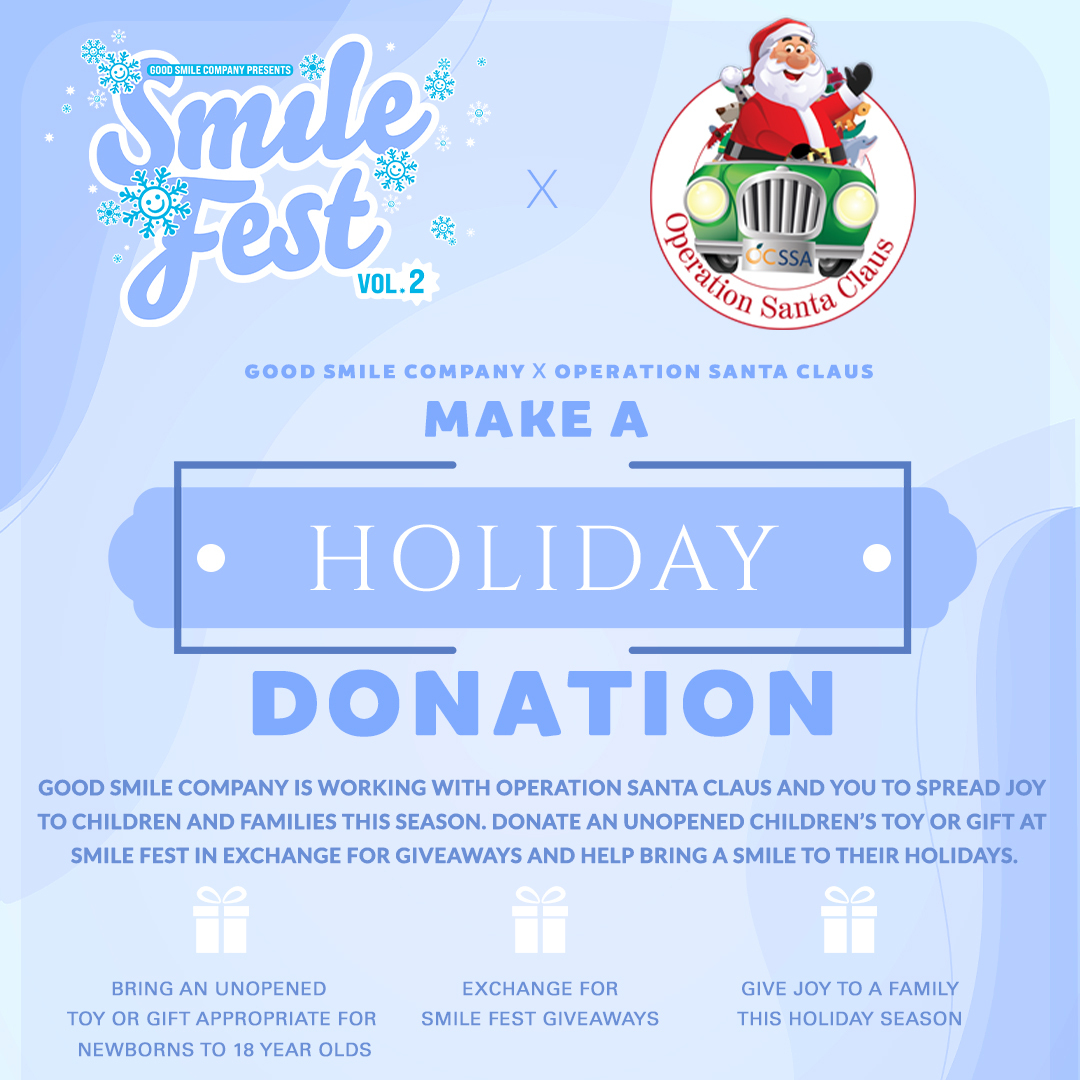 GoodSmile_US's tweet photo. This holiday season, team up with us and Operation Santa Claus to spread some joy! Bring an unopened present appropriate for newborns to 18 year olds to Smile Fest HQ in @DowntownSantana in exchange for Smile Fest goodies! We'll see you this weekend!

#goodsmile #GSCSmileFest https://t.co/HiAlY02NCq
