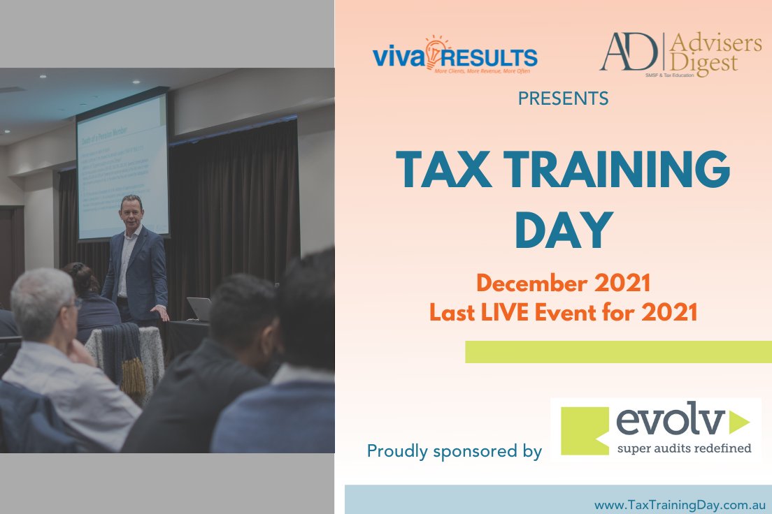 evolv_super's tweet photo. We are proud to be sponsoring the last live #TaxTrainingDay event for 2021 this Friday. This event will sharpen and build professional skills while learning the latest knowledge from renowned Tax/SMSF Trainers. Secure your spot today https://t.co/ba7mB7ujgY 
@DGoldsmith01 https://t.co/pwBtrunptM
