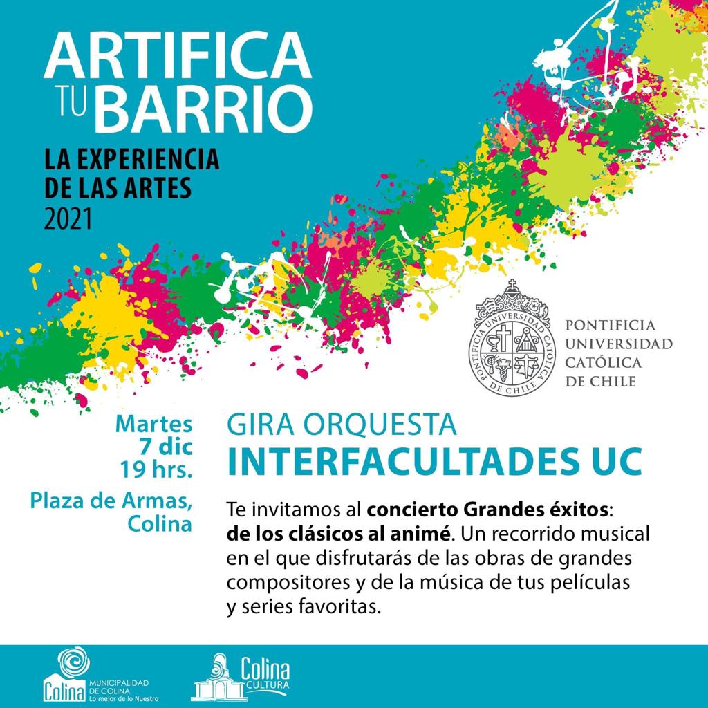 La Orquesta Interfacultades UC <a href="/artificalauc/">Artes y Cultura UC</a> llega a Colina con el concierto Grandes éxitos: de los clásicos al animé, un interesante y dinámico concierto #EntradaLiberada no faltes. <a href="/CulturaEnColina/">CentroCulturalColina</a> <a href="/imvalenzuela/">Isabel Valenzuela</a>
#ColinaMásCultura 19:00 hrs.