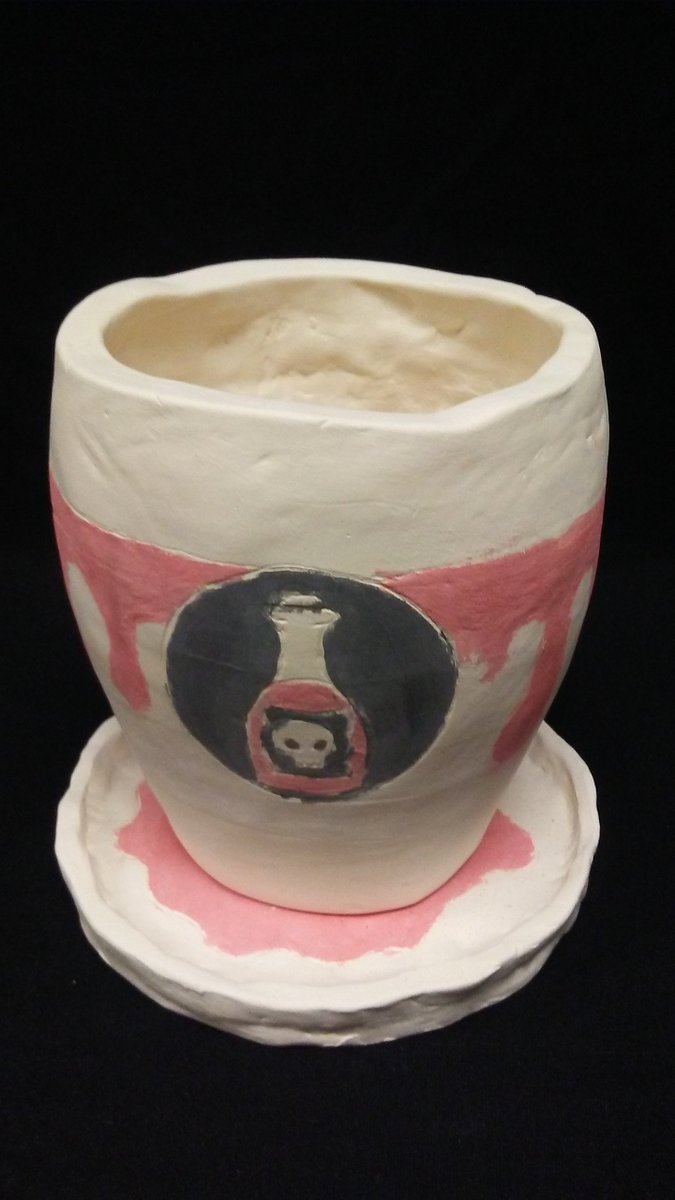 <a href="/MurielBattleHS/">Battle High School</a> Art I: Foundations coil pottery feature phobias or dreams as inspiration for the sgraffito surface design on these planters. Can't wait to plant our starter plants in these beauties. <a href="/cpsfinearts/">CPS Fine Arts</a>