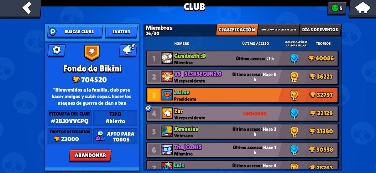 estamos buscando gente que quiera unirse a mi club, estamos en liga plata3 de la guerra de clubs :)
