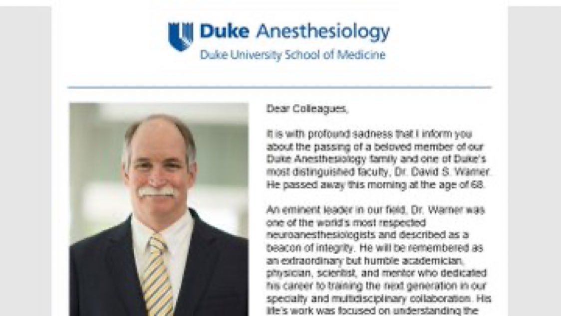 Dr Warner recruited me to the <a href="/aces_duke/">Duke ACES</a> program. He was a mentor on my <a href="/iars360/">IARS360</a> award. He was my faculty development mentor. I learned something every time I talked to him. A giant in our field has been lost but the legacy he left lives on! #RIP #mentor and #friend