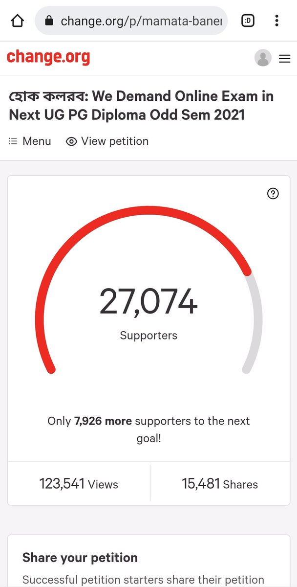 sankhamj's tweet photo. With 123,541 Views &amp; 15,481 Shares &amp; 27074 ongoing signatures, the Hok Kolorob is made. 
Respected Madam @MamataOfficial @basu_bratya pls conduct WB UG PG Diploma Odd Sem Exam in Online. 
WB ODD SEM ONLINE DEMAND https://t.co/sRtbTA53I1