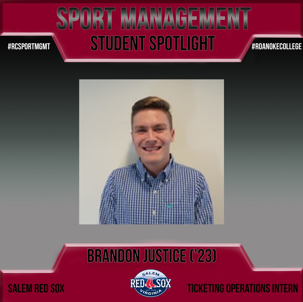 RC_SportMgmt's tweet photo. Congratulations to RC Sport Management major Brandon Justice on his summer internship with the @salemredsox #RCSportMgmt #RoanokeCollege https://t.co/UwIdQT2PFo