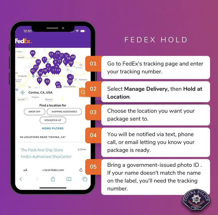 covinapd's tweet photo. Tips on how to keep your packages safe this holiday season 🎄🎁✨ #covinapd #crimeprevention #amazonlockers #fedexhold #upsaccesspoint https://t.co/JIcjHYPEmj