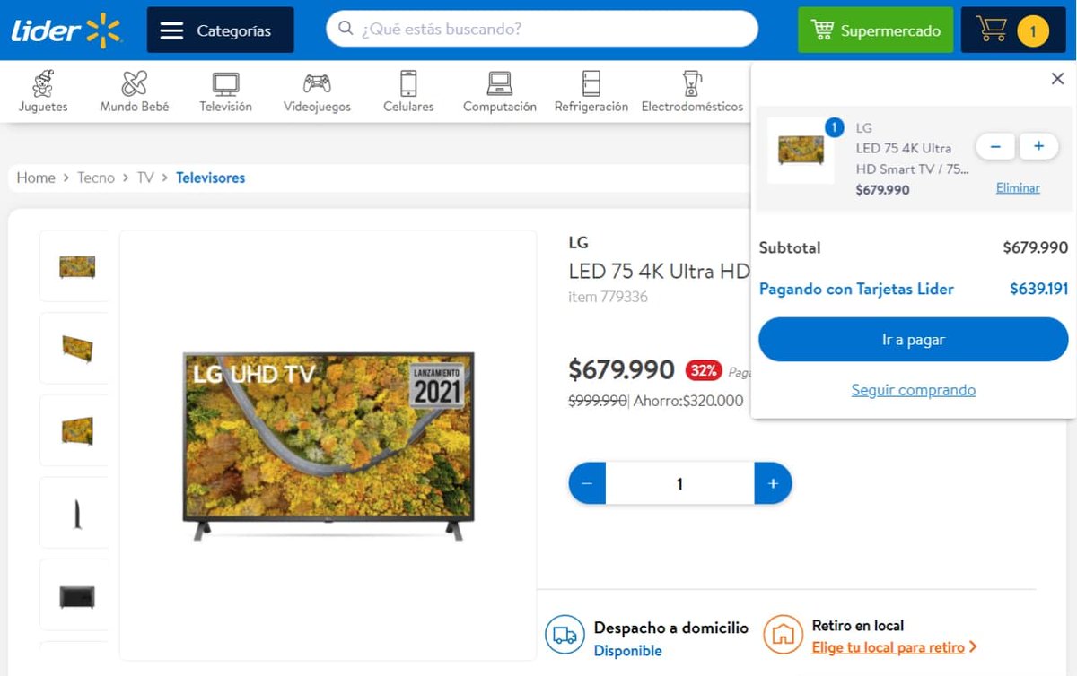 DescuentosRata's tweet photo. 📺 Smart TV LED LG - 75" 4K (75UP7500PSC) queda a $639.191 pagando con la tarjetita en la web del Laider.

Esta tele es más grande que mi casa D:
➡️ https://t.co/XgwR0EN8hV https://t.co/bQwlFe7Dih