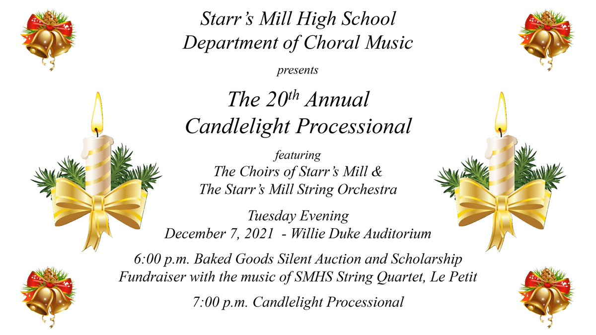 SMHSChorus's tweet photo. IMPORTANT!!!! The date of the SMHS Candlelight Processional is TOMORROW, December 7th. NOT the 17th. Although our caption sent earlier was correct our image did not reflect the right date. Sorry for any confusion.
@StarrsMillHS https://t.co/fohITfkjP7