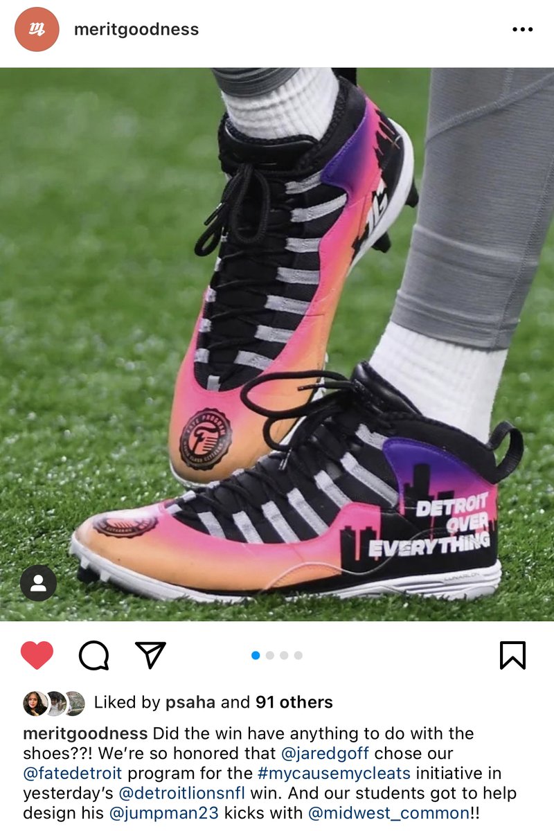 riyasahashah on bsky (@riya) on Twitter photo Check out <a href="/JaredGoff16/">Jared Goff</a>’s cleats from yesterday featuring a design by <a href="/MERITGoodness/">Merit</a> #FATE students! I’m not saying they're the reason for the <a href="/Lions/">Detroit Lions</a> victory but I’m not not saying that. #OnePride
#MyCauseMyCleats Check out <a href="/JaredGoff16/">Jared Goff</a>’s cleats from yesterday featuring a design by <a href="/MERITGoodness/">Merit</a> #FATE students! I’m not saying they're the reason for the <a href="/Lions/">Detroit Lions</a> victory but I’m not not saying that. #OnePride
#MyCauseMyCleats