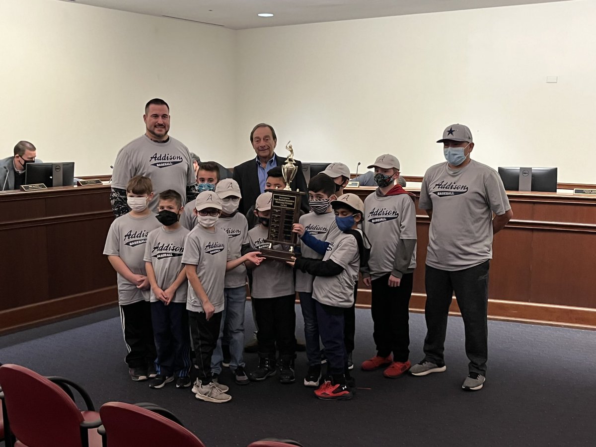 AddisonVillage's tweet image. At the Dec. 6 Village Board meeting. Mayor Rich Veenstra joined in congratulating the 2021 CSYBA Fall Baseball Mustang League Champions, the Addison Silver Snipers, on the team’s 17-0 perfect season. Congratulations! #addisonadvantage