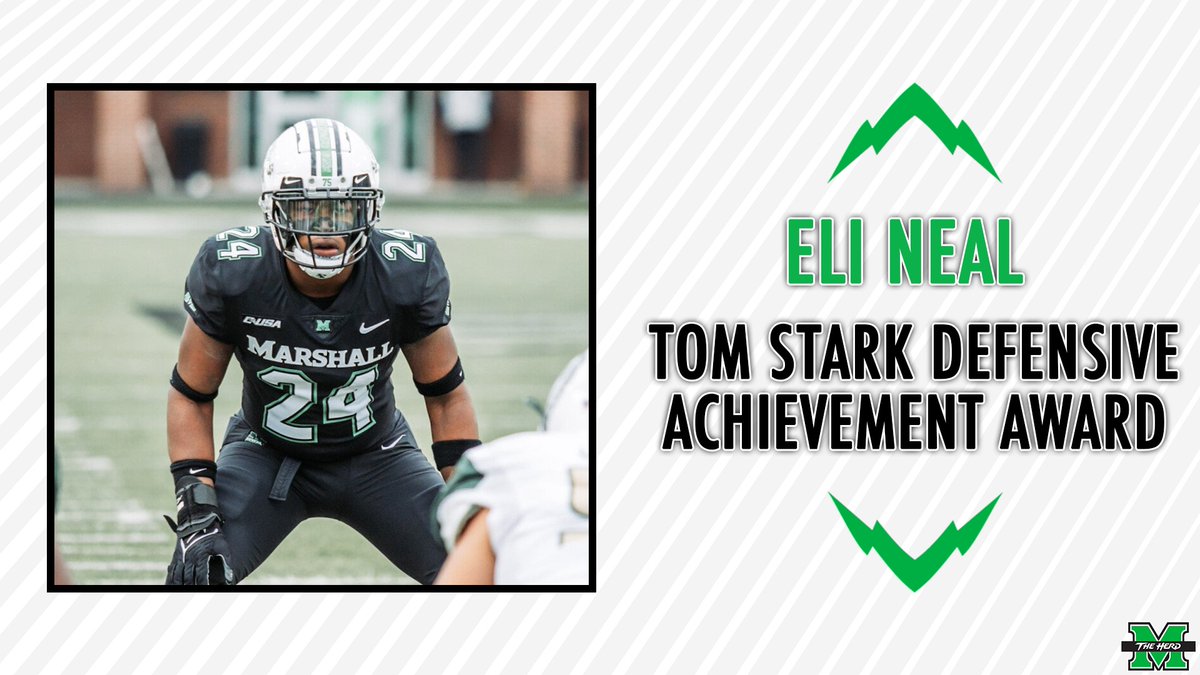 HerdFB's tweet photo. The Tom Stark Defensive Achievement Award goes to the play who has played a critical role in the effectiveness of this unit on and off the field.

This year’s winner is Eli Neal, who has 92 tackles and a team-high 5.5 sacks.

#WeAreMarshall x #RiseAsOne https://t.co/d5DRVIRQYY