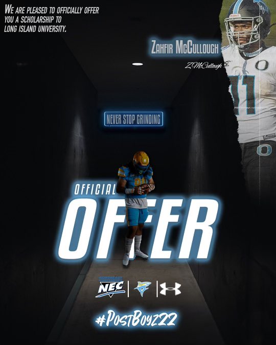 Zahfir1's tweet photo. After a great conversation with @coachRagonesi I am extremely blessed to say I have received my 1st D1 offer from @LIUSharksFB ! @💛💙 #gosharks Thank you @RonnieFlowers16 for leading the way. https://t.co/C1Six6m368