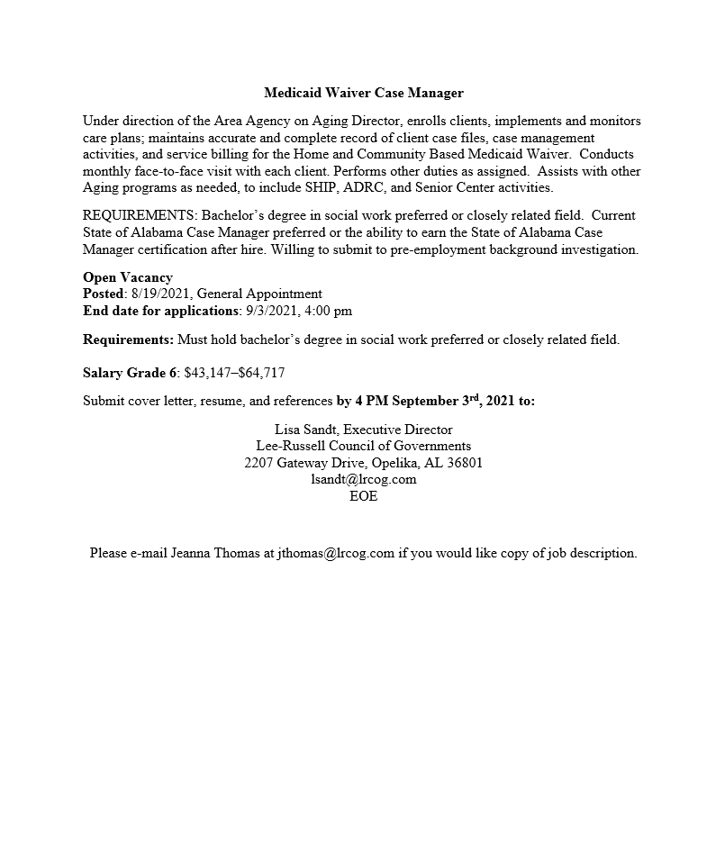 Please view the following job opportunity in the LRCOG Area Agency on Aging Department.