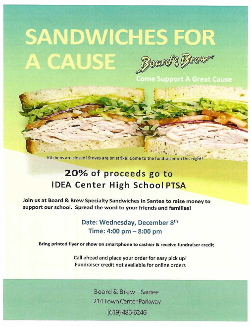 Please support our PTSA!  Wednesday Dec 8.  Show this flyer and grab a great sandwich!