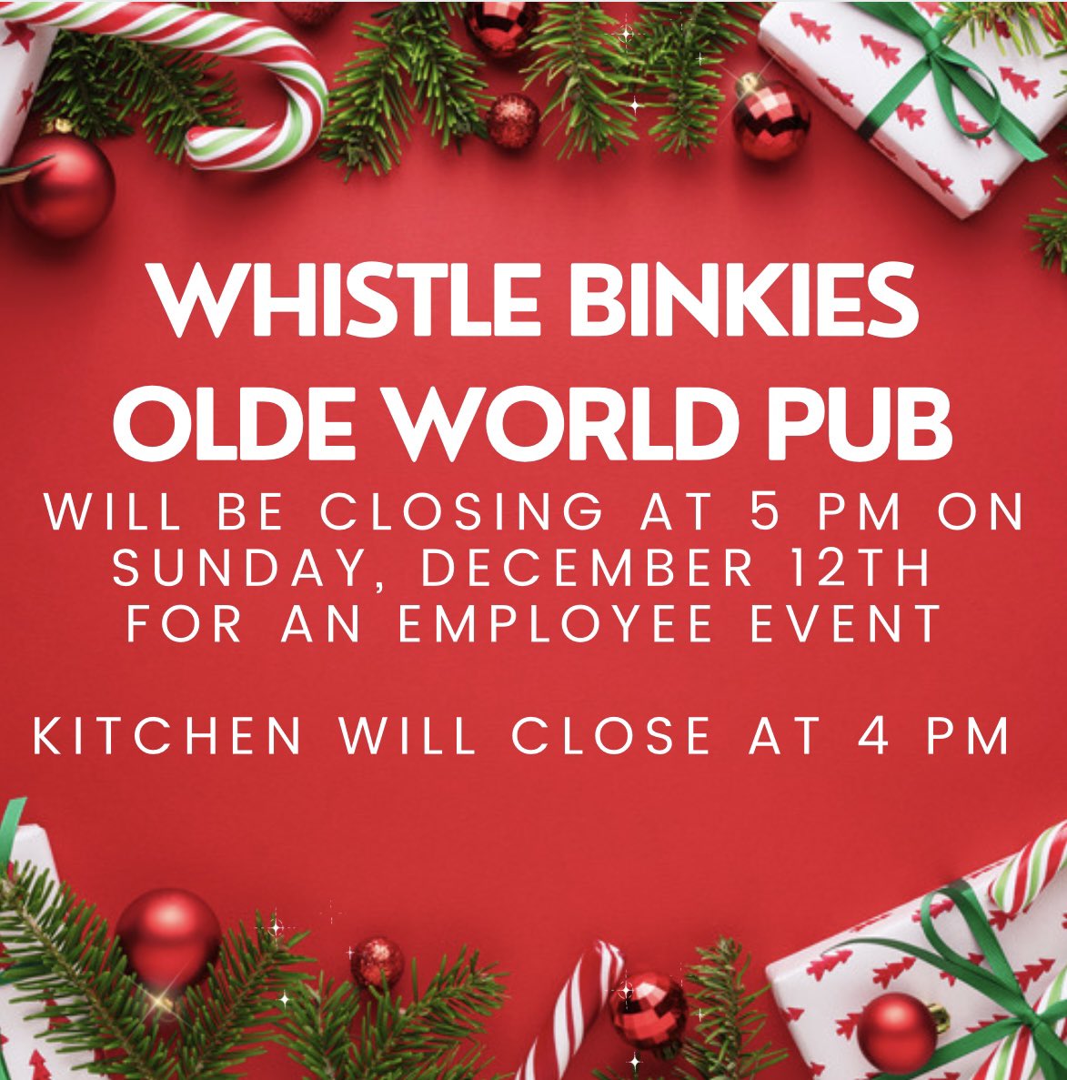 BinkiesPubs's tweet photo. Our north pub will be closing early this Sunday, December 12th for an employee event! Our south pub will remain open our regular business hours! 🍻🎁 https://t.co/miRAZOTxSw