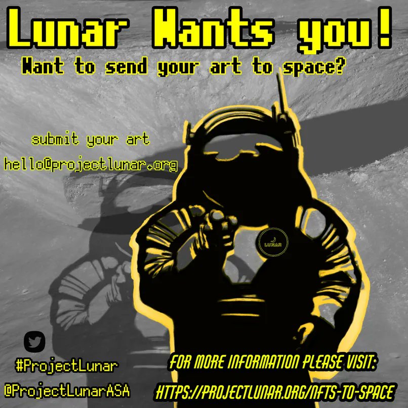 ProjectLunarASA's tweet image. Lift off! Project Lunar&apos;s NFTs-to-Space competition has officially begun. Want to send your art into the stratosphere and win 100k $LUNAR? Please send all submissions to hello@projectlunar.org or post them to your twitter account and tag us with #ProjectLunar and @ProjectLunarASA