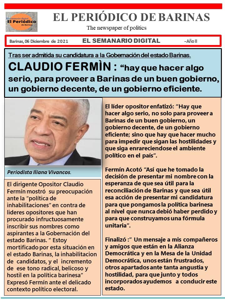 claudioefermin's tweet photo. Hoy acepto la tarea que me han confiado de manera unitaria fuerzas vivas de mi tierra natal y los partidos de la Alianza Democrática para hacer de #Barinas una tierra de bienestar e inclusión. ¡Vamos unidos por Barinas! https://t.co/mSVBBKfzLI