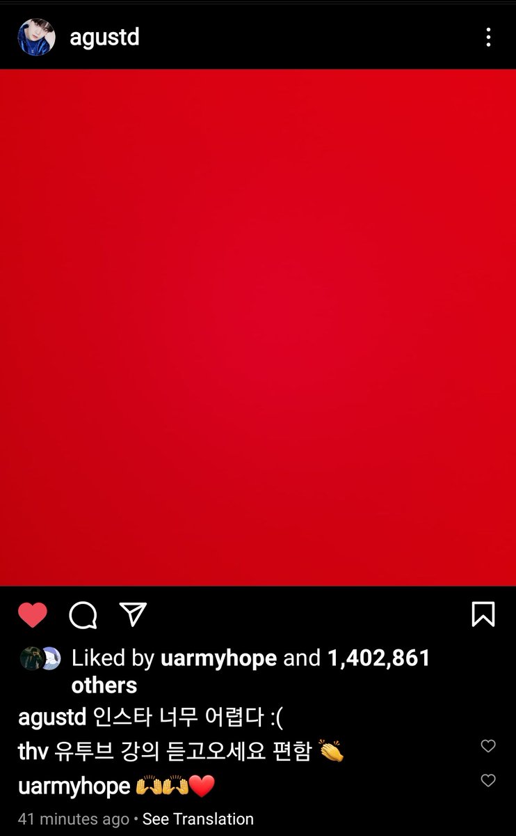 BTStranslation_'s tweet photo. BTS SUGA/YOONGI (agustd) INSTAGRAM UPDATE +JHOPE/HOSEOK, V/TAEHYUNG COMMENTS

SG: instagram is really hard :(

TH: try listening too a youtube lecture, it's convenient 👏
Hobi: 🙌🙌❤️

#TAEHYUNG @BTS_twt https://t.co/jKqpevhXyZ