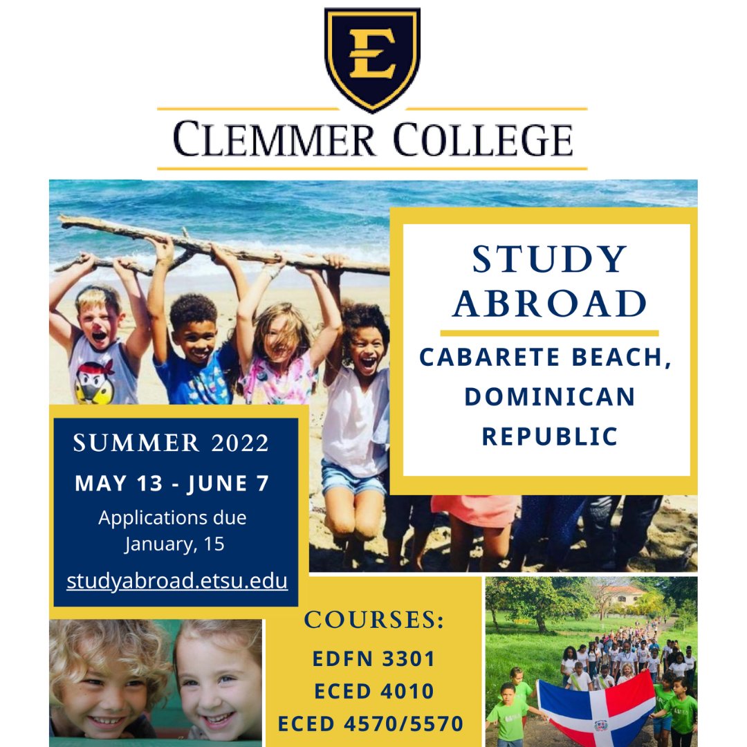 Want to improve your teaching skills with education professionals in a diverse setting? Join Dr. Swindle &amp; Dr. Atiles' 3-week study abroad program in beautiful Cabarete, Dominican Republic! Education &amp; non-education majors welcome. Apply at studyabroad.etsu.edu by January 15!