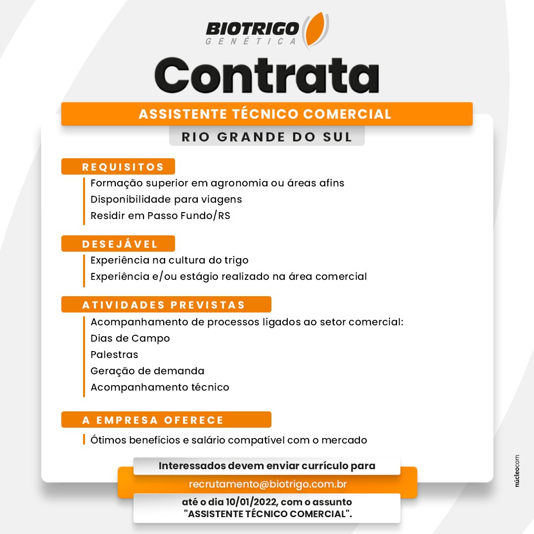 biotrigo's tweet photo. A Biotrigo está contratando! Venha fazer parte do nosso time comercial. 
Fique atento à data de envio do seu currículo! 🌾 https://t.co/8K81J8U5GY