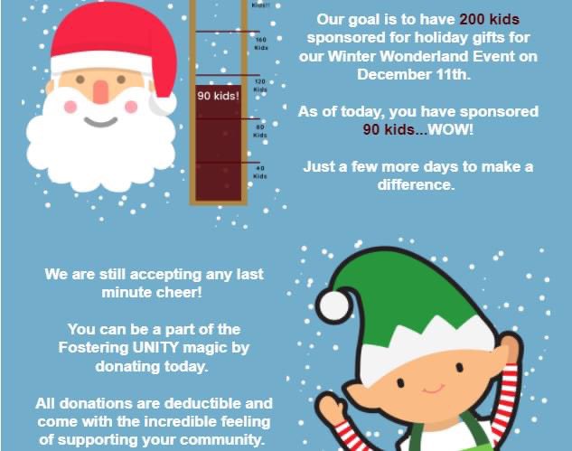 FosteringUnity's tweet photo. Have you been receiving our monthly newsletter?
https://t.co/kAUmt8qsG5
Did you hear? We were featured in an article for The Signal!
https://t.co/ONnafgtsZz
Winter Wonderland is this Weekend!!
Sponsor a Child:
https://t.co/bE9VQJ6rHZ
#fosteringUNITY https://t.co/132u8M800w