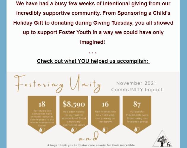 FosteringUnity's tweet photo. Have you been receiving our monthly newsletter?
https://t.co/kAUmt8qsG5
Did you hear? We were featured in an article for The Signal!
https://t.co/ONnafgtsZz
Winter Wonderland is this Weekend!!
Sponsor a Child:
https://t.co/bE9VQJ6rHZ
#fosteringUNITY https://t.co/132u8M800w