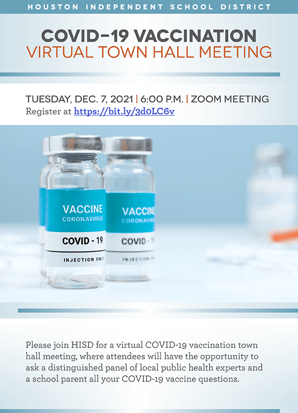 HISDFamilies's tweet image. 🗣️#Parents &amp;amp; #CommunityMembers! Please join 
#HISD for a virtual Covid-19 Town Hall Meeting.

You'll be able to ask public health experts questions concerning the Covid-19 vaccine.

Register at bit.ly/3d0LC6v !

Tuesday, tomorrow, Dec 7th @ 6PM!