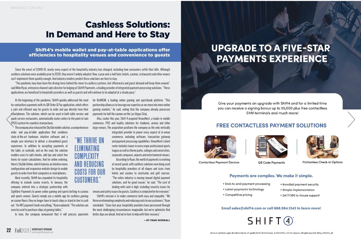 @Shift4's mobile wallet and pay-at-table applications offer efficiencies to hospitality venues and convenience to guests. - Fran Worrall bit.ly/3GjsRbg

#Shift4 #Payment #Payattable #Hospitality #GuestConvenience #Cashless #Technology #Hotels #Technology