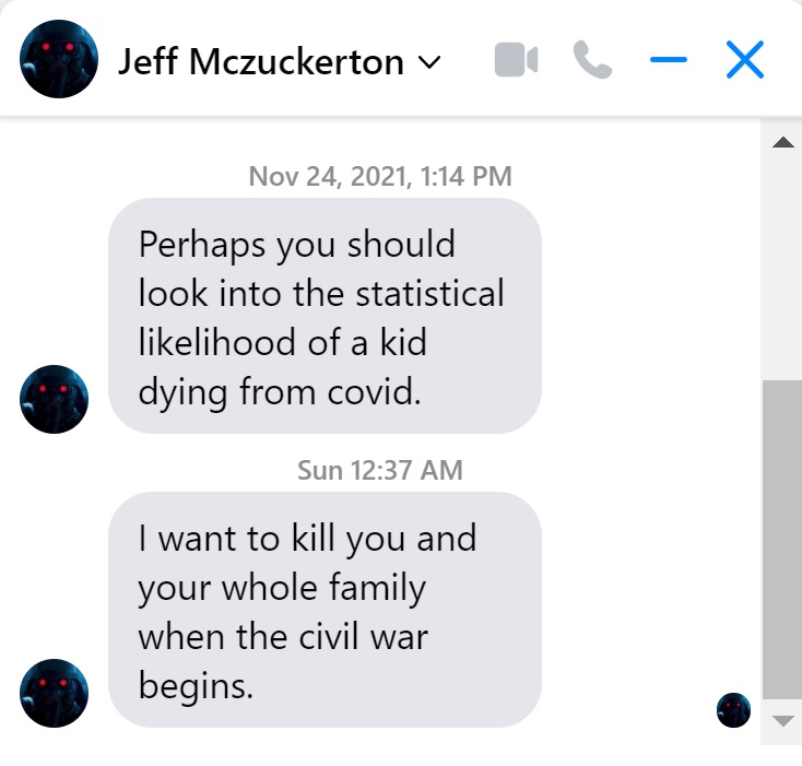 MicaR's tweet photo. Aww, my first internet death threat. For being pro pediatric vaccination against Covid-19. #ThanksFacebook https://t.co/OdMIeKuhF0