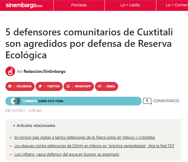 onda_mx's tweet photo. 🚨🚨 5 defensores comunitarios de Cuxtitali son agredidos por defensa de Reserva Ecológica.

Vía: @SinEmbargoMX
https://t.co/F1EBrh3fM9 

#SinDetencionesArbitrarias #ONDA #conoceTusDDHH #DDHH https://t.co/DYgfzNBor4