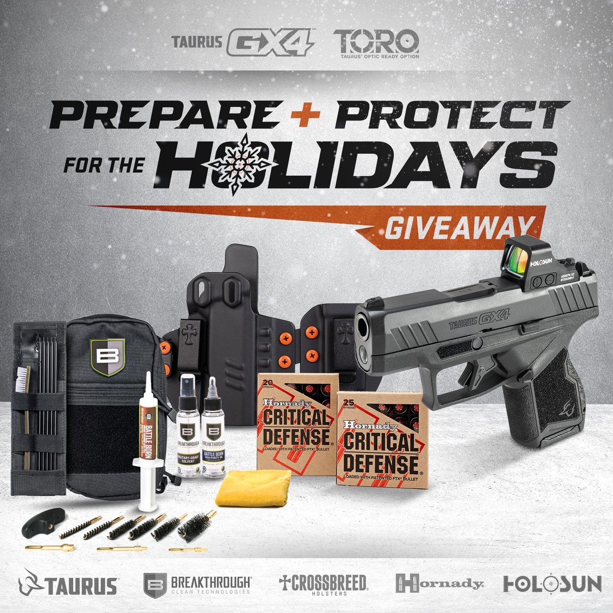 TaurusUSA's tweet image. You could win an all-new, optics-ready Taurus GX4™ TORO, along with a variety of awesome accessories, ammo and more. Enter today for your chance to win!

shoot-on.com/torogiveaway/

@holosunoptics @Breakthrough_cl @CBHolsters @TeamHornady