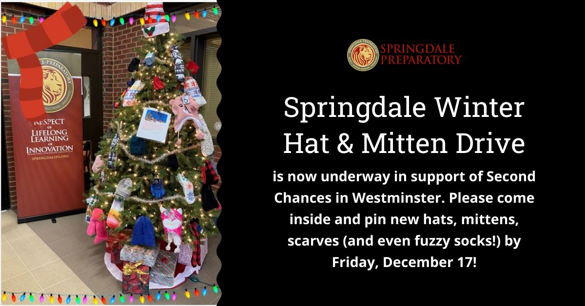 Springdale families, the school's hat and mitten drive is now underway! Please consider donating new hats, mittens, scarves (and even fuzzy socks!) to help us reach our goal of donating at least 100 winter weather items by December 17th!