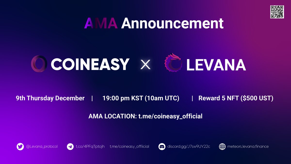 Coiniseasy's tweet photo. 안녕하세요. CoinEasy(코인이지)커뮤니티에서 Levana protocol(레바나프로토콜)와 함께하는 AMA에 초대합니다.

이번 Levana protocol(레바나프로토콜) AMA는 약 30분 간 CoinEasy(코인이지) 커뮤니티에서 라이브로 진행된 뒤,
트위터 스페이스로 이동할 예정입니다. https://t.co/pzSRW7nEQZ