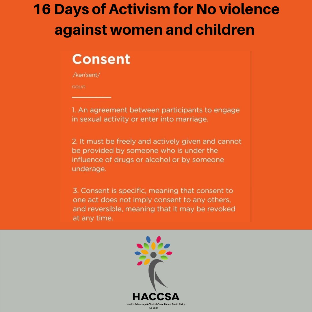 HACCSA - Health Advocacy & Clinical Compliance SA (@haccsas) on Twitter photo #16DaysofActivism2021 - #Consent explained.
#LetOurActionsCount
#EndGBV
#EnoughIsEnough
#Nooneleftbehind
<a href="/TekanoSA/">Atlantic Fellows for Health Equity SA</a> @AspenNewVoices <a href="/CivilSociety_SA/">Community Constituency Front (CCF)</a> <a href="/CsfSanac/">SANAC Civil Society Forum</a> <a href="/SA_AIDSCOUNCIL/">SANAC</a> <a href="/PublicHealthSA/">PHASA</a> <a href="/HastSig/">PHASA Civil Society HAST SIG</a> #16DaysofActivism2021 - #Consent explained.
#LetOurActionsCount
#EndGBV
#EnoughIsEnough
#Nooneleftbehind
<a href="/TekanoSA/">Atlantic Fellows for Health Equity SA</a> @AspenNewVoices <a href="/CivilSociety_SA/">Community Constituency Front (CCF)</a> <a href="/CsfSanac/">SANAC Civil Society Forum</a> <a href="/SA_AIDSCOUNCIL/">SANAC</a> <a href="/PublicHealthSA/">PHASA</a> <a href="/HastSig/">PHASA Civil Society HAST SIG</a>