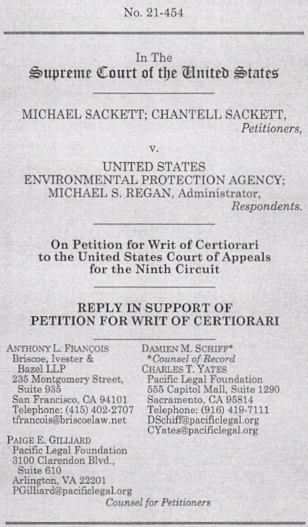 TonyFrancoisEsq's tweet photo. Some day job tweeting:
Briefing now complete in the #Sackett cert petition, and distributed for #SCOTUS January 7 '22 conference. @PacificLegal @DamienSchiff @PaigeGilliard1 #CleanWaterAct #NavigableWaters #WOTUS https://t.co/vFD7A2uDcc
