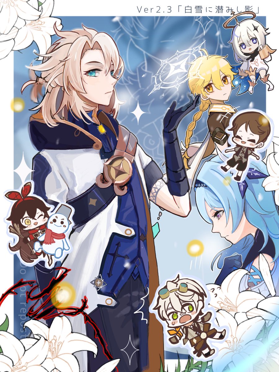 aether (genshin impact) ,albedo (genshin impact) ,amber (genshin impact) ,eula (genshin impact) ,paimon (genshin impact) multiple girls multiple boys blonde hair flower goggles goggles on head brown hair  illustration images