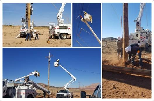 NTUAUtilities's tweet image. WEEKEND ROUND UP – Maintaining Connection 

Tuba City NTUA electric crews spent Saturday installing a new powerline pole near Cedar Ridge in western Navajo. Upon field inspection it was determined that a pole needed to be replaced and the job was set up. #SystemReliability