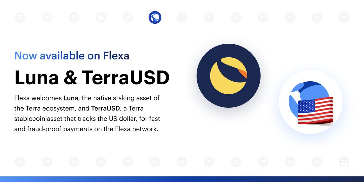 FlexaHQ's tweet photo. Flexa is proud to enable support for @terra_money’s $LUNA and $UST at the thousands of locations on the Flexa network! #25DaysofFlexa🎁 https://t.co/ISCpXcmjZP