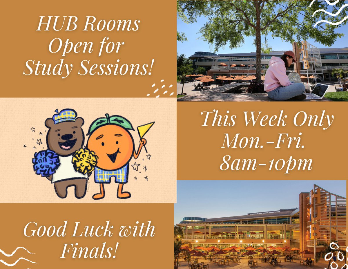 Go to the HUB and use any of there spaces to study!

Each room is offered for students to prepare for finals. This week only!

Good Luck! You got this!💛💙💛💙💛💙

#ucr #ucrstudents #ucrfinalsweek