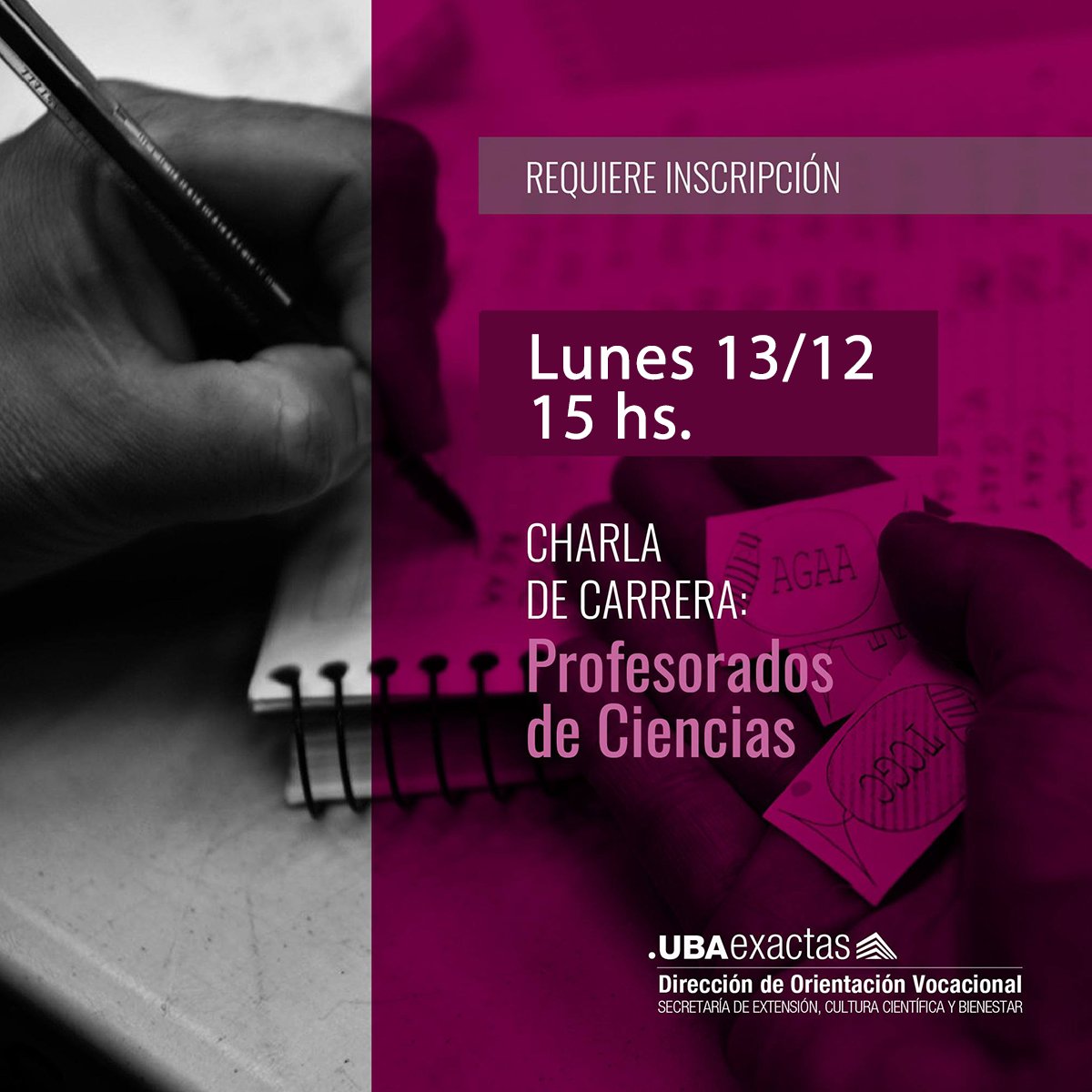CHARLA DE CARRERAS DE PROFESORADO
Última del año (la próxima será en abril de 2022).
Será el lunes 13/12, a las 15 hs.
Inscripción previa requerida desde bit.ly/CharlasExactas…
