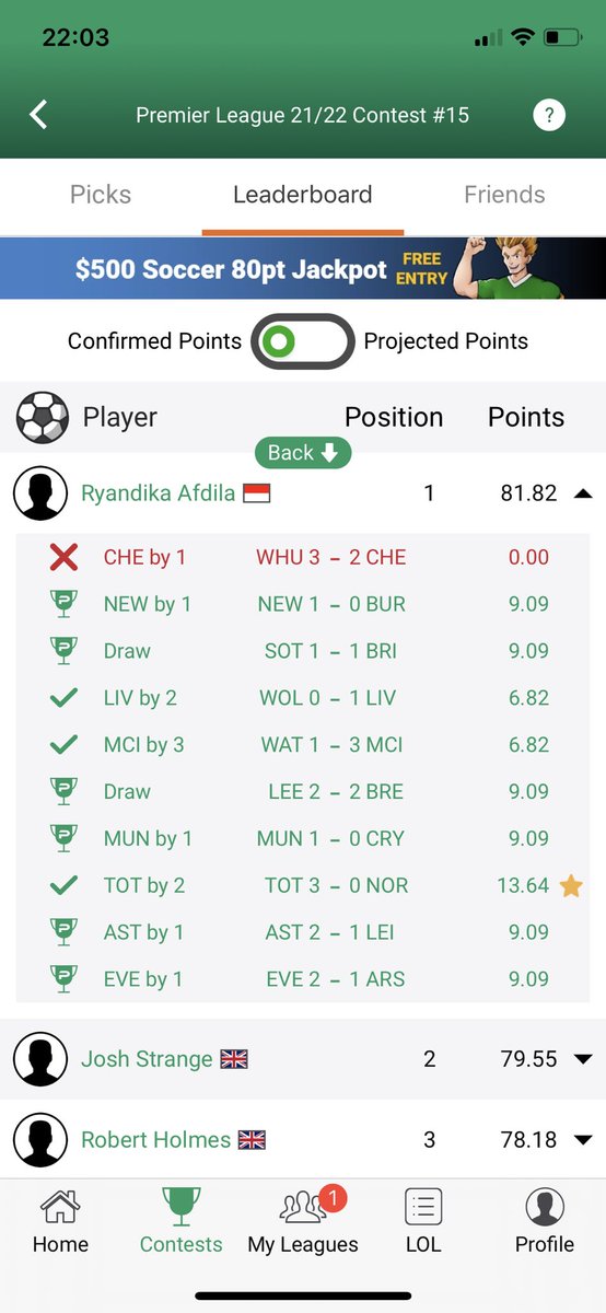 PerfectPicksApp's tweet image. 🚨Boom - $500 Jackpot Winner Confirmed🚨

Congratulations to the winner of this week’s Premier League Contest. 1st place and 81.82 pts is enough to claim the $500 Prize.

Everton’s late goal sealed the dramatic win.

We will be in contact tomorrow by email to arrange the prize.