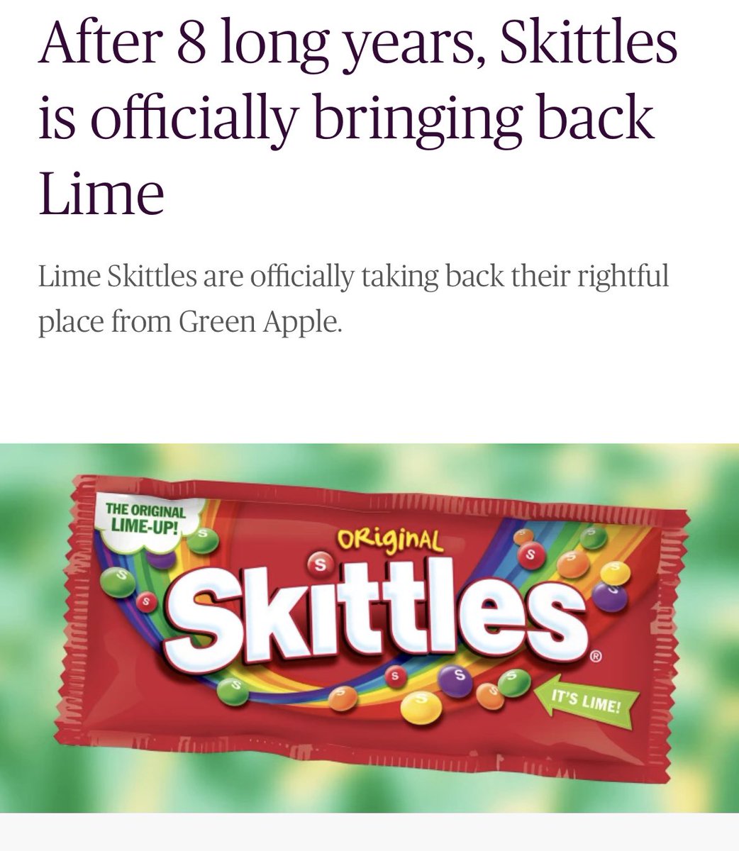 alexfalconrt's tweet photo. After an 8 year battle, I’m proud to say I have finally achieved a victory that will stand above all else I could possibly achieve in this lifetime. @Skittles has finally bent the knee. #Limeisback
#originalisoriginal
#america https://t.co/KWEdMxDXHr