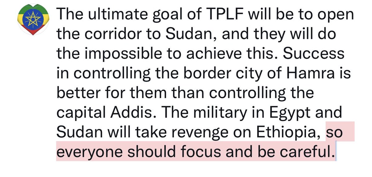 MusaSheiko's tweet photo. The ultimate goal of #TPLF will be to open the corridor to Sudan, and they will do the impossible to achieve this. Success in controlling the border city of Hamra is better for them than controlling the capital Addis. #Addis #AbiyAhmedAli #AfarForces #NoMore #Ethiopia #Humara 🇪🇹 https://t.co/iKwk8t0gis