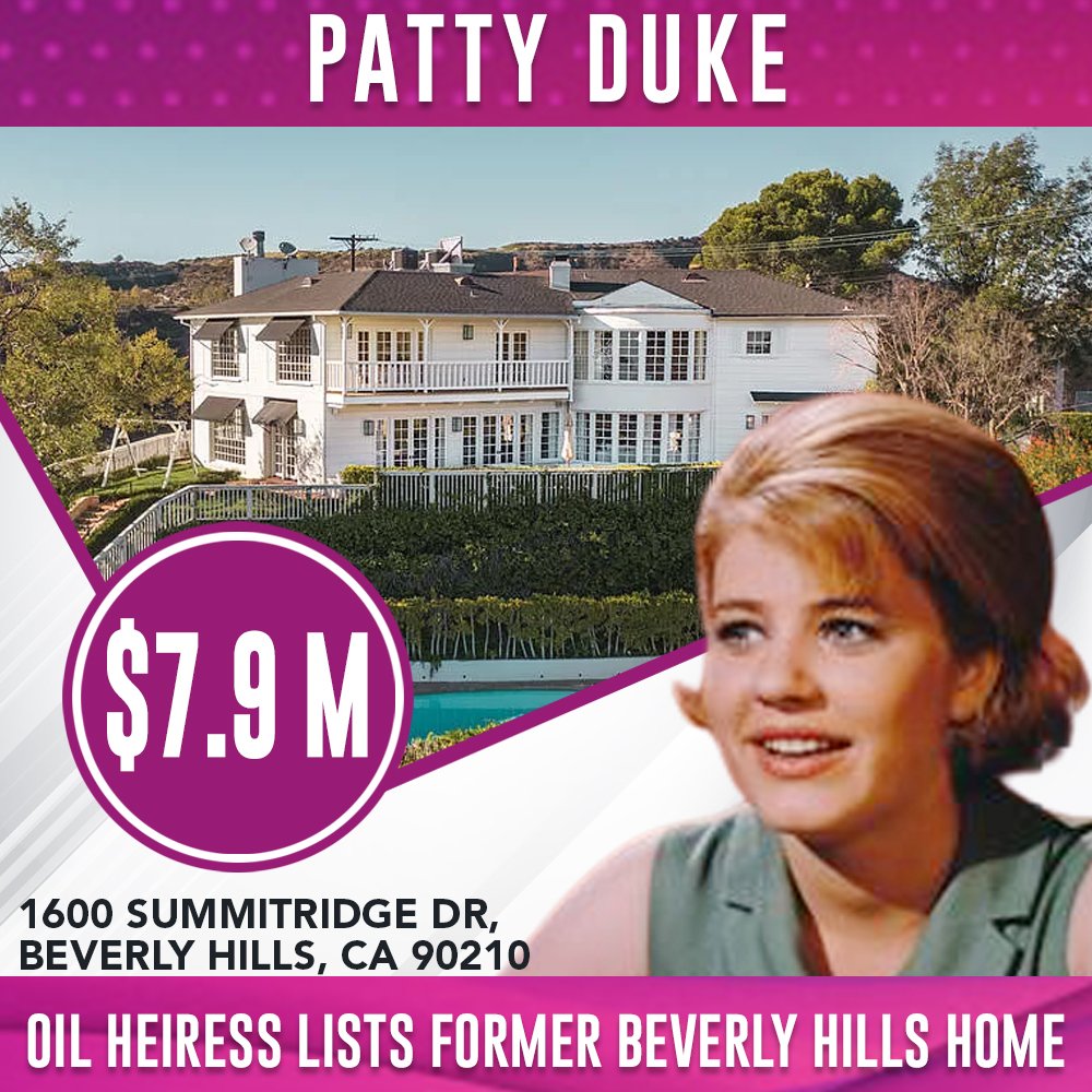 LowellVanderblt's tweet photo. #CelebrityRealEstate
Oil Heiress Lists #PattyDuke’s Former Beverly Hills Home at $7.9 Million

Sumptuous master suite plus 4 guest suites and 6 bathrooms. To die for kitchen/family room. Four fireplaces. Pool located in lush gardens with jet liner city views. https://t.co/k1QGgF8pEo