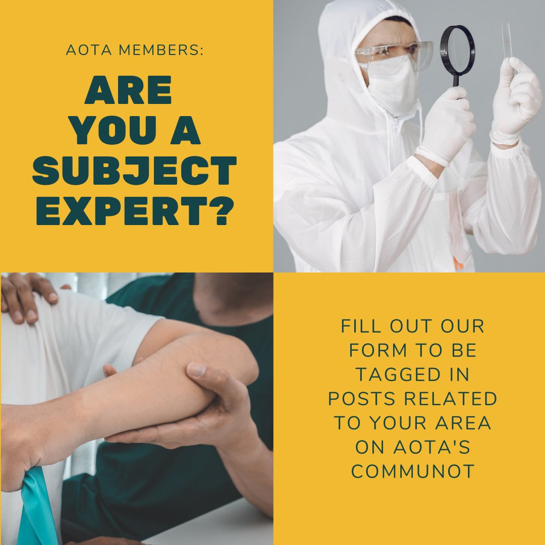 upcomingOT's tweet photo. We are currently recruiting expert AOTA members to serve as resources in the rehabilitation &amp; disability SIS. Our goal is to encourage robust discussion on topics that matter. Help expand discussions to promote lifelong learning! https://t.co/BQWV3IlpTw https://t.co/91Ac4AIOdH